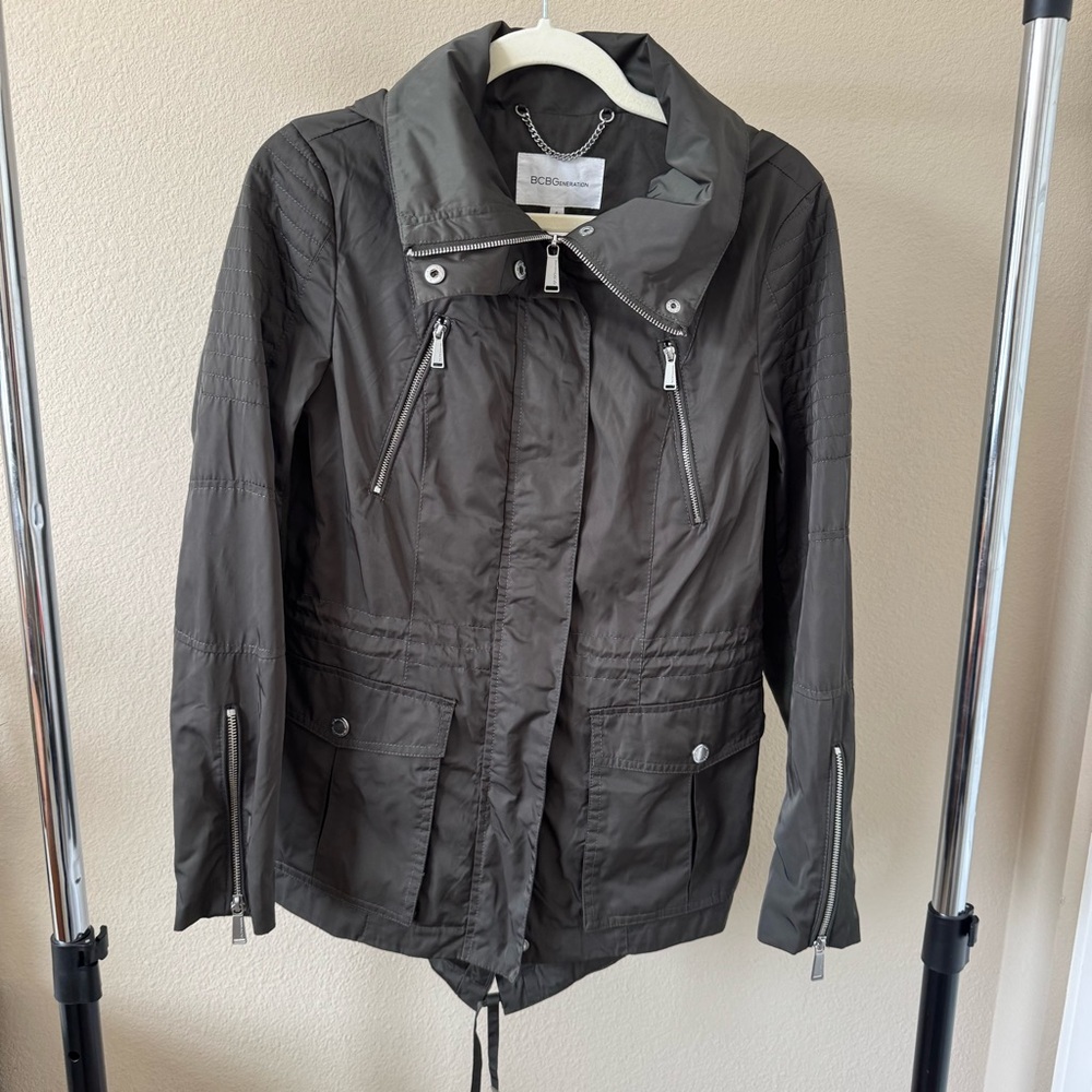 BCBGeneration Olive Green Utility Rain Coat with Packable Hood Jacket Size S